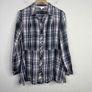 J.Jill Shirt Womens Large Purple Plaid Button Up Long Sleeve Casual Relaxed Boho